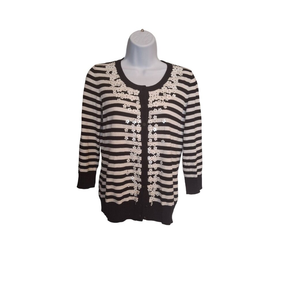 Talbots Womens Cardigan Sweater PS Black White Striped Floral Embellished Preppy